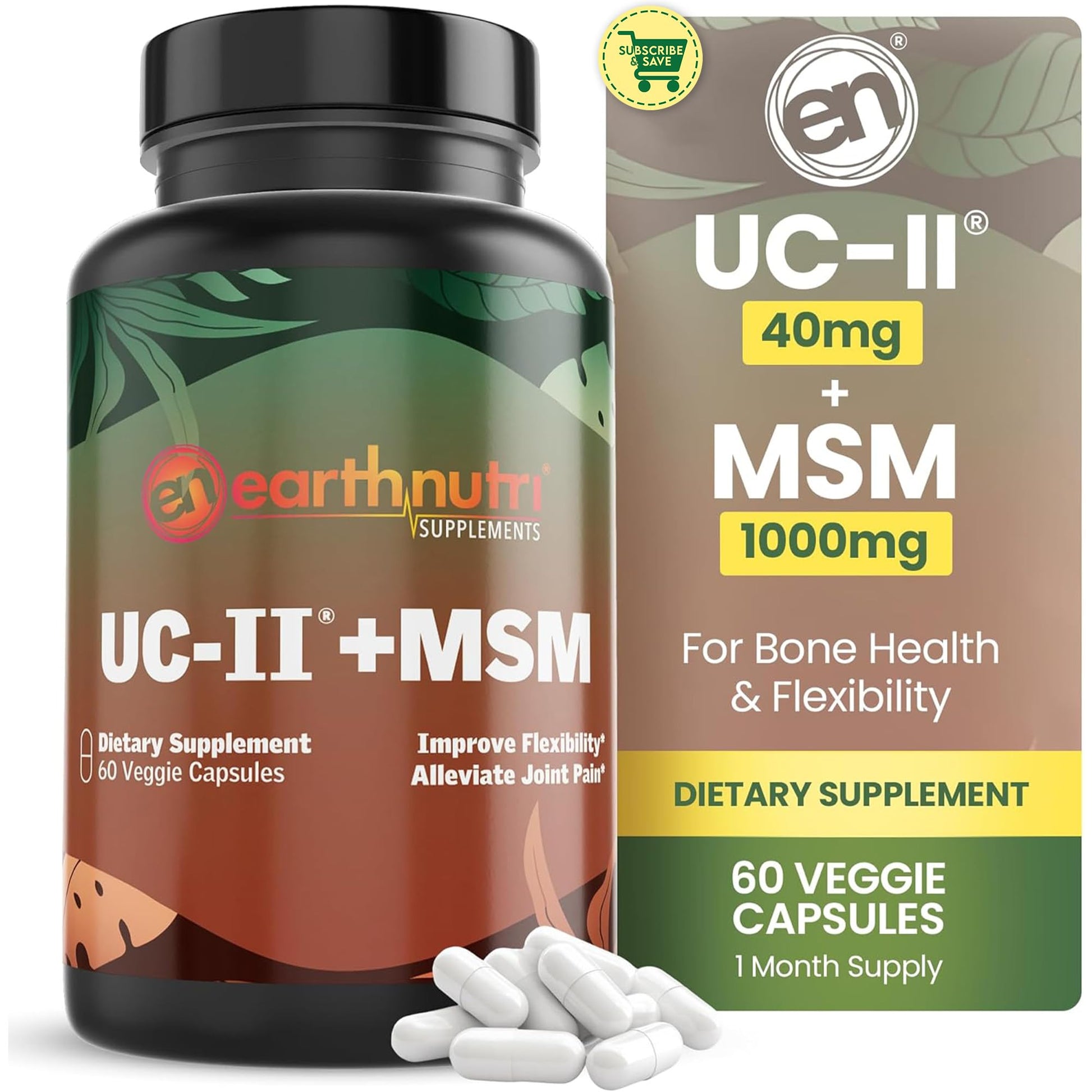 EarthNutri UC-II Collagen & MSM Supplement for Bone Health and Joint Flexibility Joint Supplement - 40mg UC-II Providing 10mg Total Collagen & 1000mg MSM - 60 Capsules (2 Caps Daily) EarthNutriBuy Supplements Australia