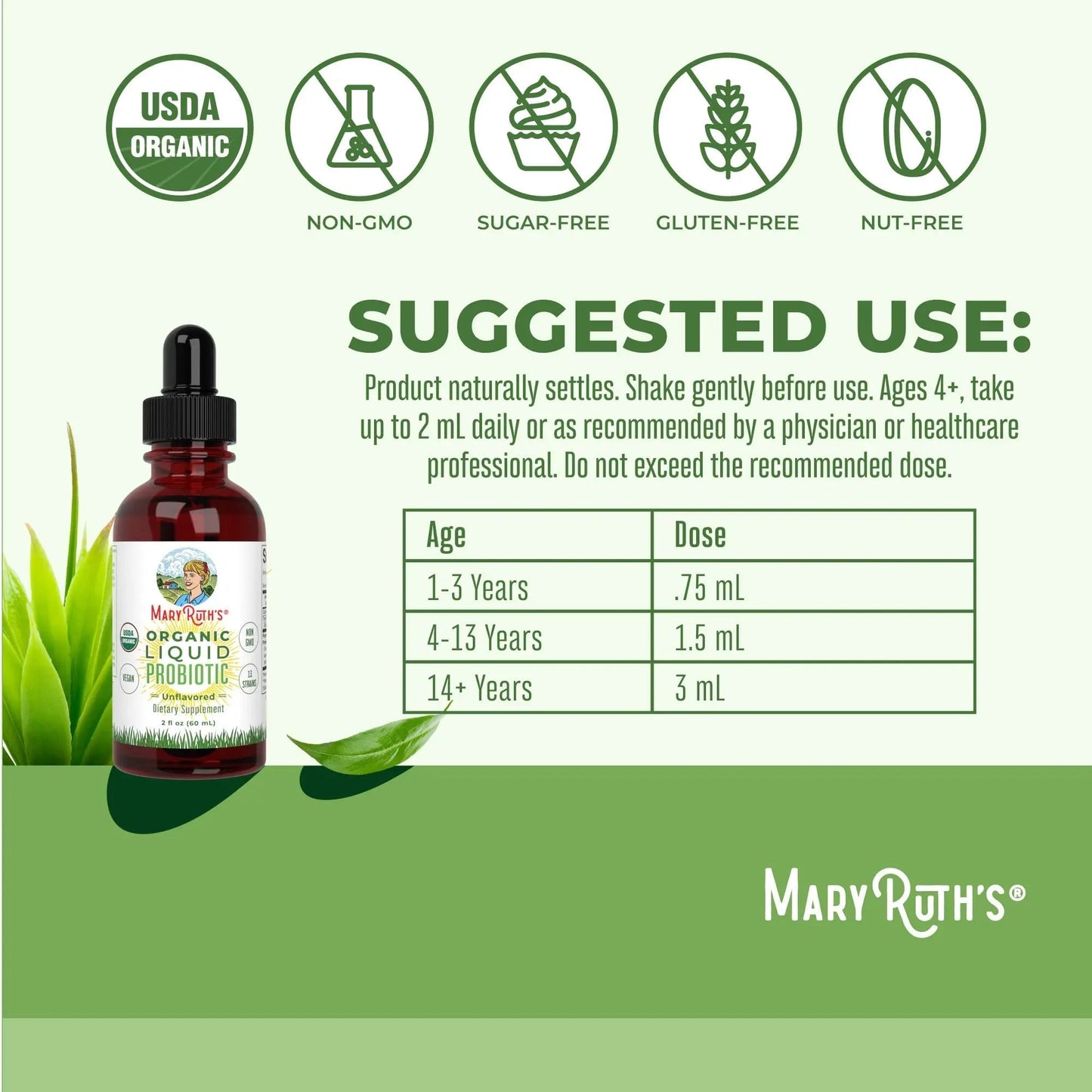 MaryRuth's Morning Multivitamin +Hair Growth (Peach Mango, 15oz), Nighttime Multimineral (Coconut, 15oz) & Probiotic Drops (2oz) | MARYRUTH'S