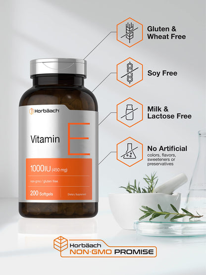 Vitamin E 1000 IU Softgel Capsules | 200 Count | Non-GMO, Gluten Free, Preservative Free HorbäachBuy Supplements Australia