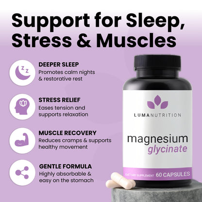 Luma Nutrition Magnesium Glycinate 1000mg - Support Stress, Sleep, Nerve & Muscle Health - 500mg Pure Magnesium Supplement Capsules