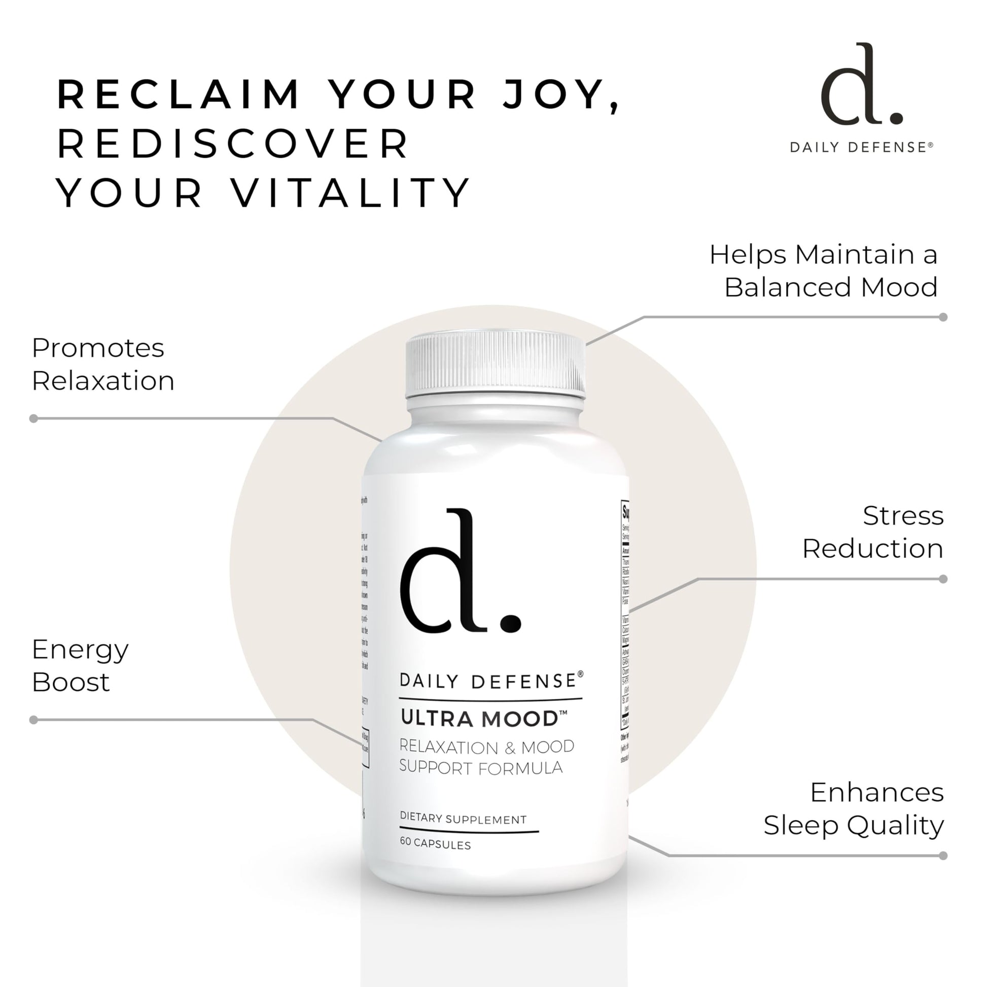 Daily Defense Mood Support Supplement - Ultra Mood 60 Count Mood Enhancer with Calcium Carbonate, Folic Acid, GABA, 5-HTP, Ashwagandha Root Extract & More - Non GMO Mood & Relaxation Supplement Daily DefenseBuy Supplements Australia