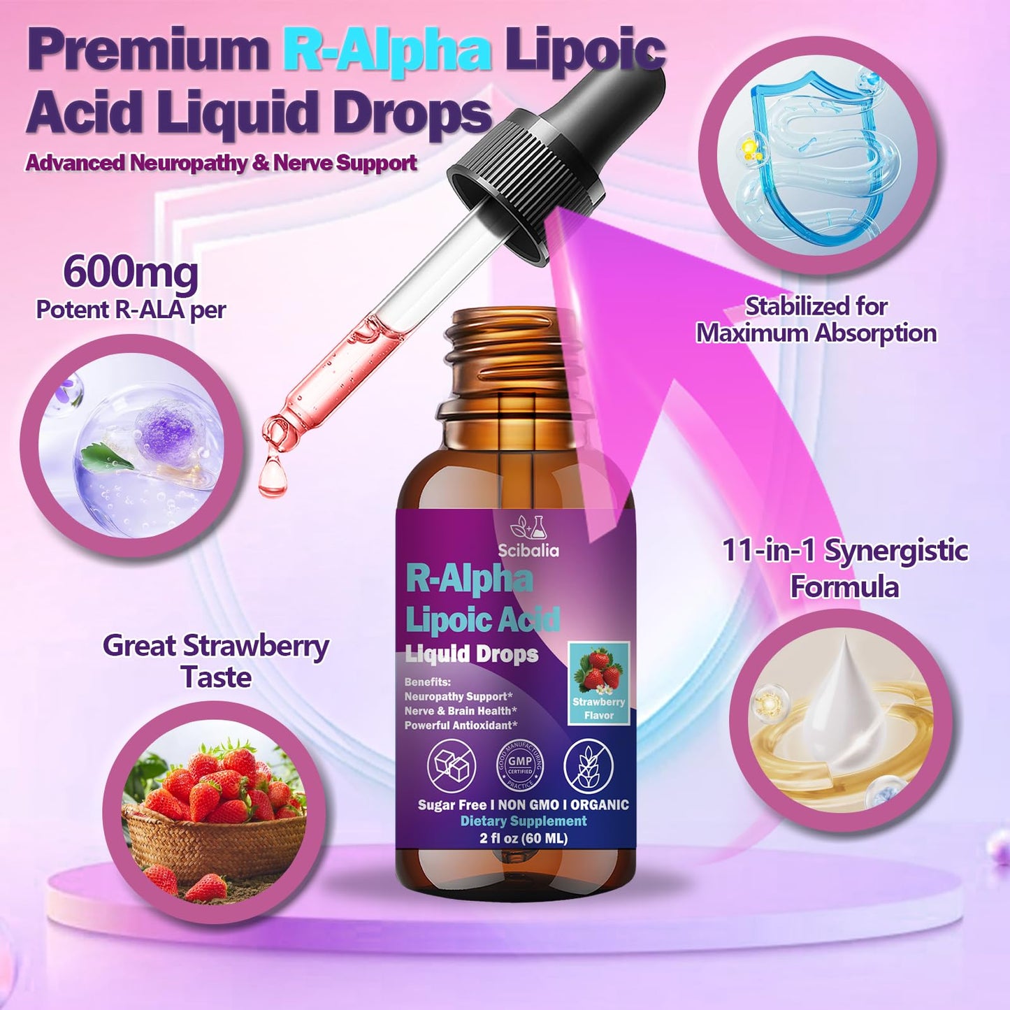 R Alpha Lipoic Acid 600mg Liquid Drops for Neuropathy, Advanced 11-in-1 Stabilized R-ALA Supplement w. Benfotiamine Acetyl L-Carnitine Vitamin C E for Antioxidant Nerve Brain Energy Health Non GMO ScibaliaBuy Supplements Australia