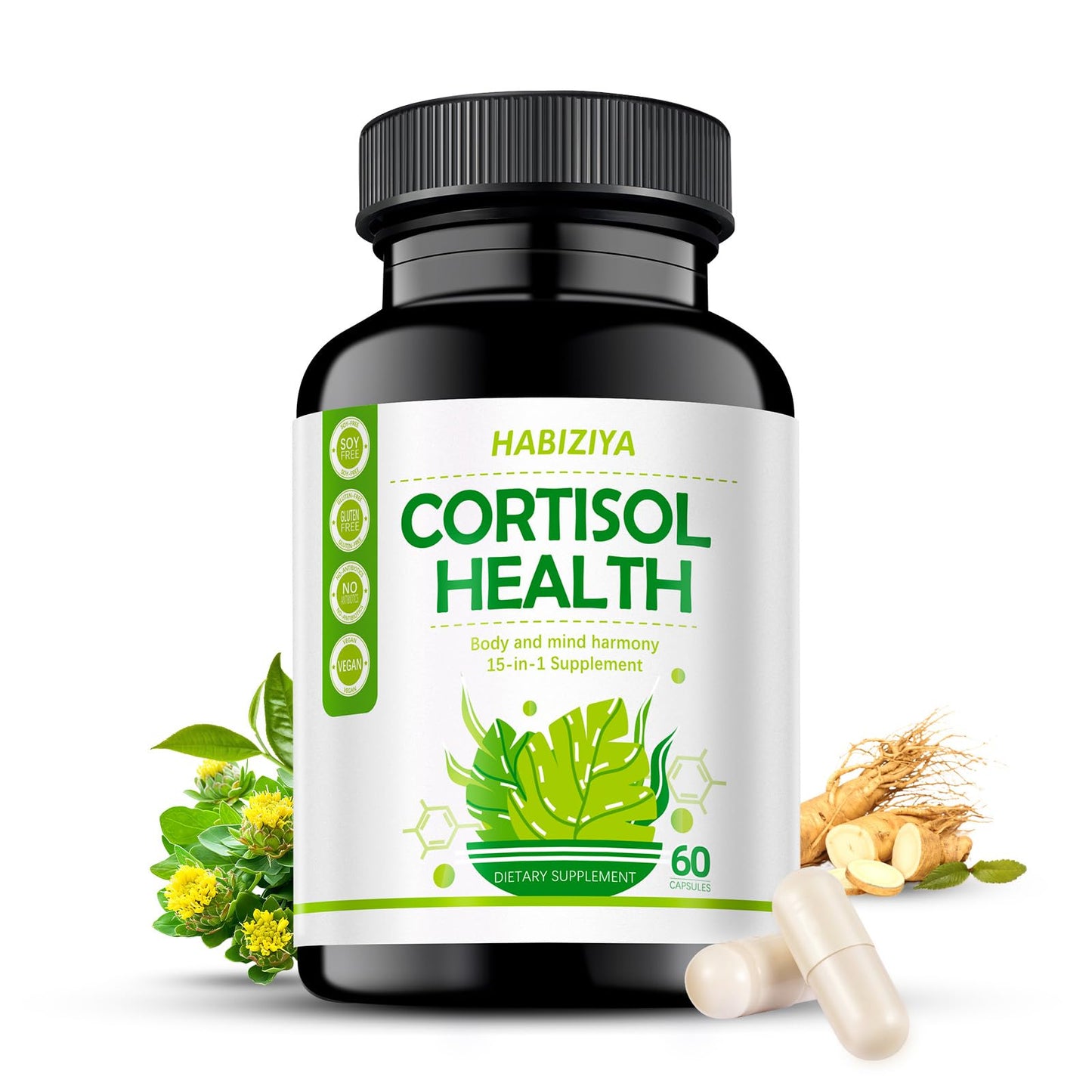 HABIZIYA Cortisol Support Supplement with Magnesium Glycinate, L-Theanine, Ashwagandha, Phosphatidylserine,Rhodiola Rosea 15-in-1 Hormone Balance for Women Men Mood, Focus, Sleep Support 60 Capsules HABIZIYABuy Supplements Australia