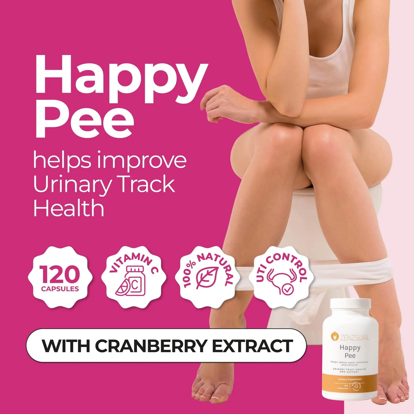 ZENZSUAL Happy Pee, 120 Capsules – Urinary Tract Support & Bladder Health Supplement with Cranberry, D-Mannose, Vitamin C and Oregano for Women and Men – Healthy Flow, Comfort & Fluid Balance ZENZSUALBuy Supplements Australia