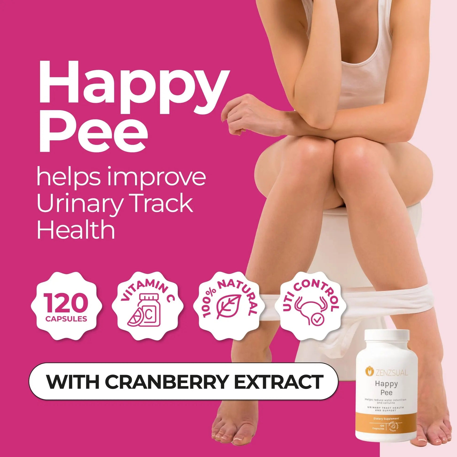 ZENZSUAL Happy Pee, 120 Capsules – Urinary Tract Support & Bladder Health Supplement with Cranberry, D-Mannose, Vitamin C and Oregano for Women and Men – Healthy Flow, Comfort & Fluid Balance ZENZSUALBuy Supplements Australia