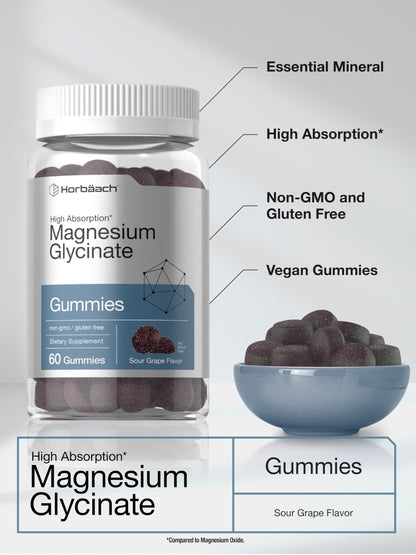 Horbäach Magnesium Glycinate Gummies | 60 Count | Sour Grape Flavor | High Absorption | Vegan, Non-GMO, Gluten Free HorbäachBuy Supplements Australia