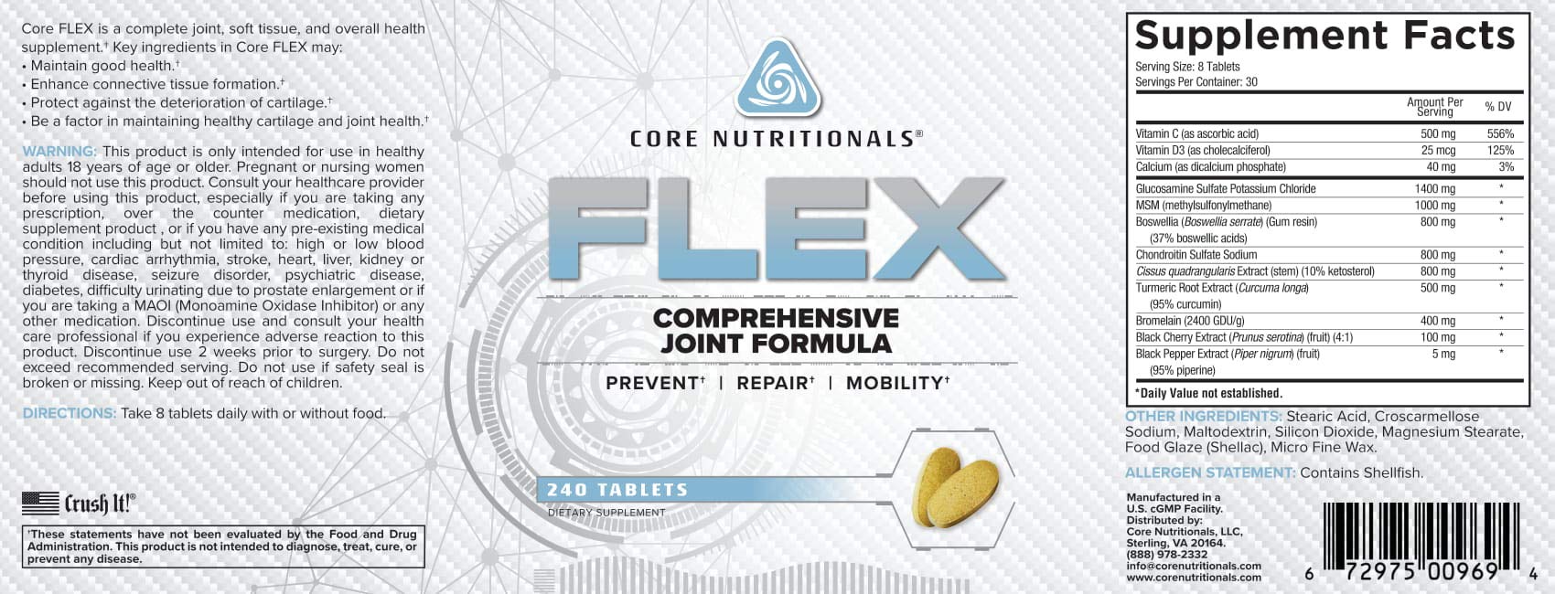 Core Nutritionals Flex Comprehensive Joint Formula | Promotes Healthy Tendons, Ligaments, & Cartilage | Improve Mobility | Antioxidants for Recovery | 240 Tablets Core NutritionalsBuy Supplements Australia