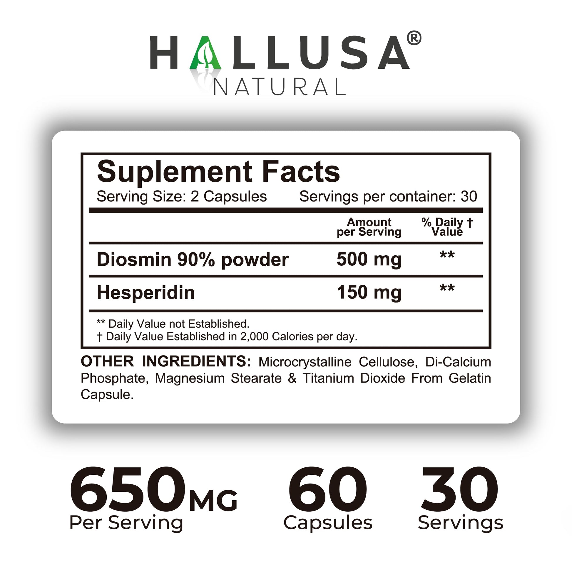 Hallusa Natural Hallosmine Ultra Diosmin 500mg & Hesperidin 150mg – Heavy Legs, Swelling & Vein - Blood Circulation Supplements, 60 Caps Hallusa NaturalBuy Supplements Australia