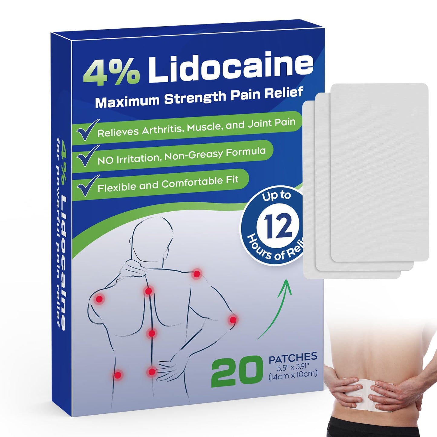 Uposiut 4% Lidocaine Patches - 20 Count Maximum Strength Lidocaine Patches, 10 Packs of 2 Patches for Muscle Pain Relief in The Neck, Shoulders, Back, Knees, and Anks, 12 Hour Pain Relief-012345 UposiutBuy Supplements Australia