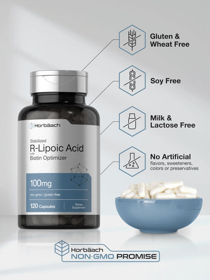 R-Lipoic Acid 100 mg | 120 Capsules | with Biotin Optimizer | Non-GMO, Gluten Free HorbäachBuy Supplements Australia