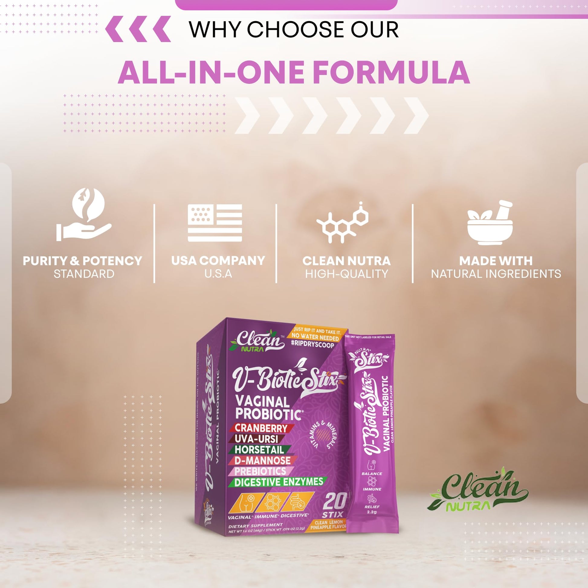 Clean Nutraceuticals Vaginal Probiotics for Women with Cranberry Extract, D-Mannose, Prebiotics, pH Balance for Women, Vaginal Health – Womens Probiotic Alternative to Gummies - 20 Stix Clean NutraceuticalsBuy Supplements Australia