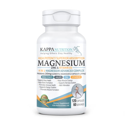 Kappa Nutrition Magnesium 4-in-1, 280mg Elemental Magnesium (Bisglycinate, Malate) + Zinc & Vitamin D3, Brain, Sleep, Energy, Muscle, Immune Support, 120 Vegan Capsules. KAPPA NUTRITIONBuy Supplements Australia