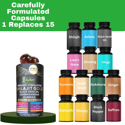 AyBet Organic Himalayan Shilajit Gold Gummies for Men and Women, Black Seed Oil, Ashwagandha, Ginseng, Turmeric, Gokshura, Lion's None, Lab Tested,%75 Fulvic Acid, No Sugar Added, Halal, 90Gummy AyBetBuy Supplements Australia