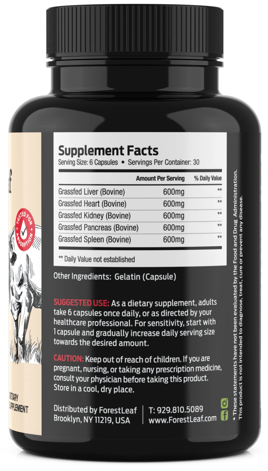 ForestLeaf Beef Organ Supplement - Grass Fed & Pasture Raised - Total Body Wellness & Performance, Organ Complex with 3000mg of Desiccated Beef Liver,