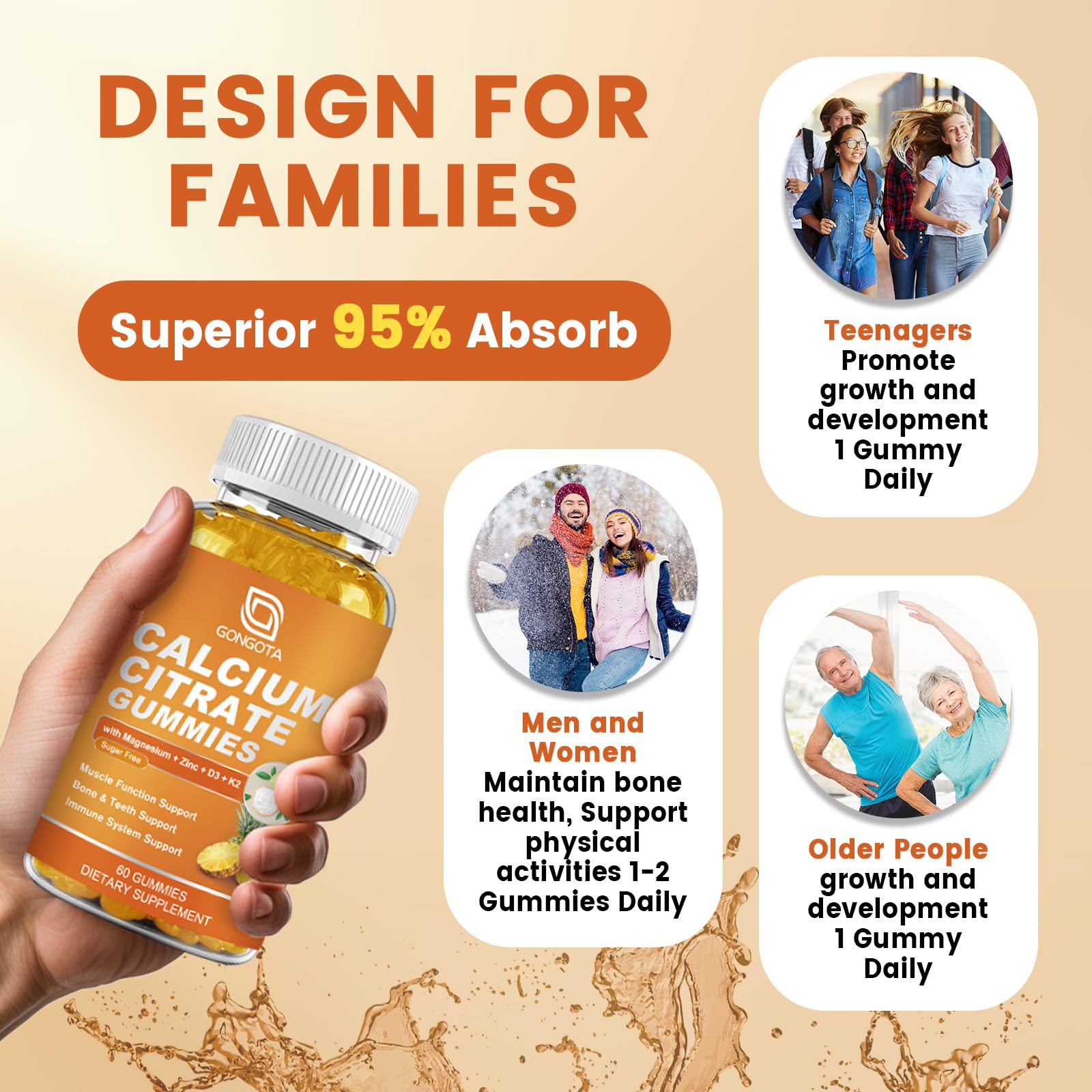 GONGOTA Calcium Citrate 1200mg with Vitamin D3 Gummies, Chewable Calcium for Bone, Muscle, Joints, Immune Support, Calcium Supplements for Women & Men,Sugar Free, Pineapple Flavor - 120 Gummies GONGOTABuy Supplements Australia