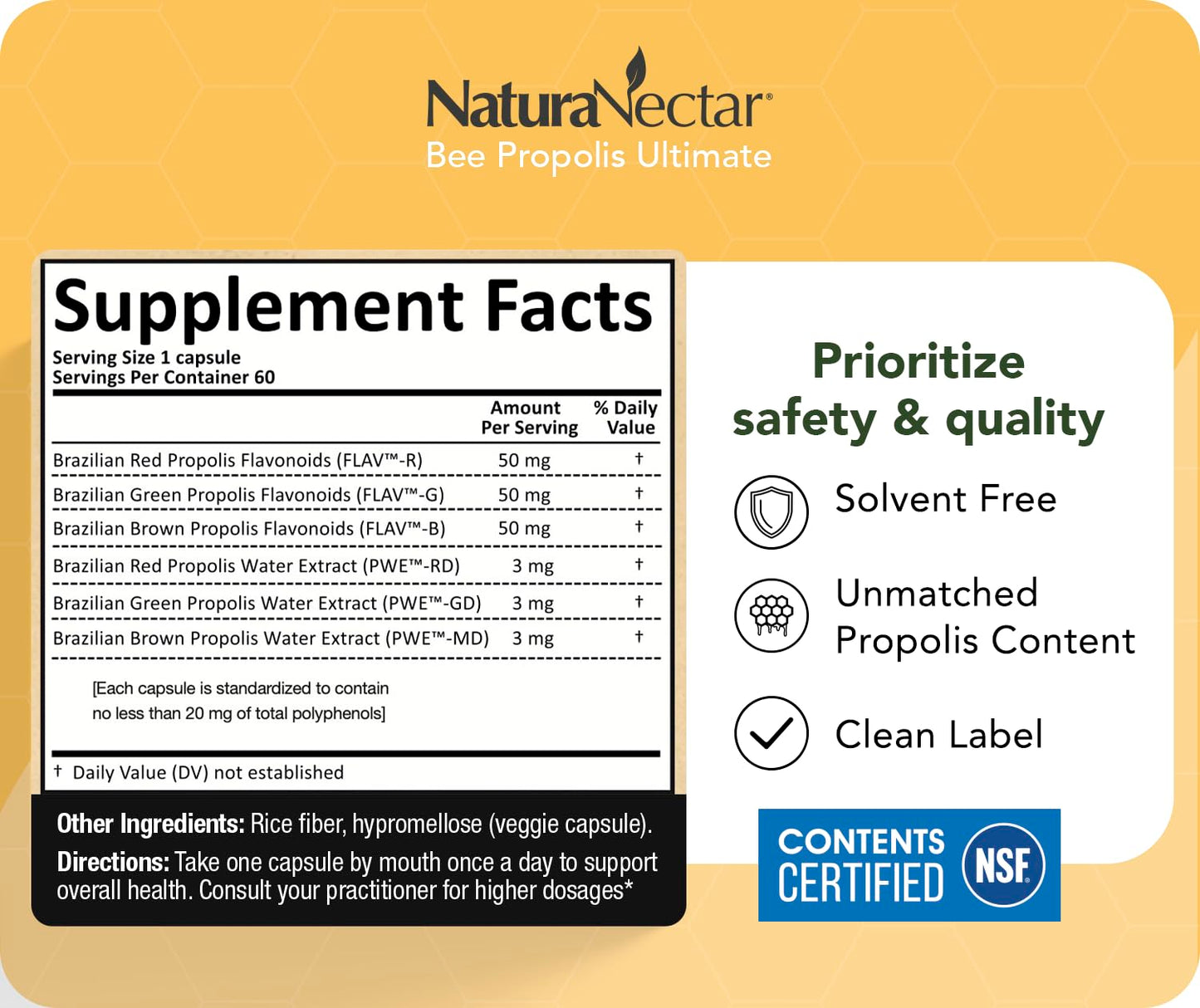 NaturaNectar - Ultimate Bee Propolis Capsules - NSF Contents Certified -Brazilian Red, Brown, & Green - Gluten-Free Supplement with Flavonoids - Naturally Sourced Through Ethical Beekeeping (60pcs.) NaturaNectarBuy Supplements Australia