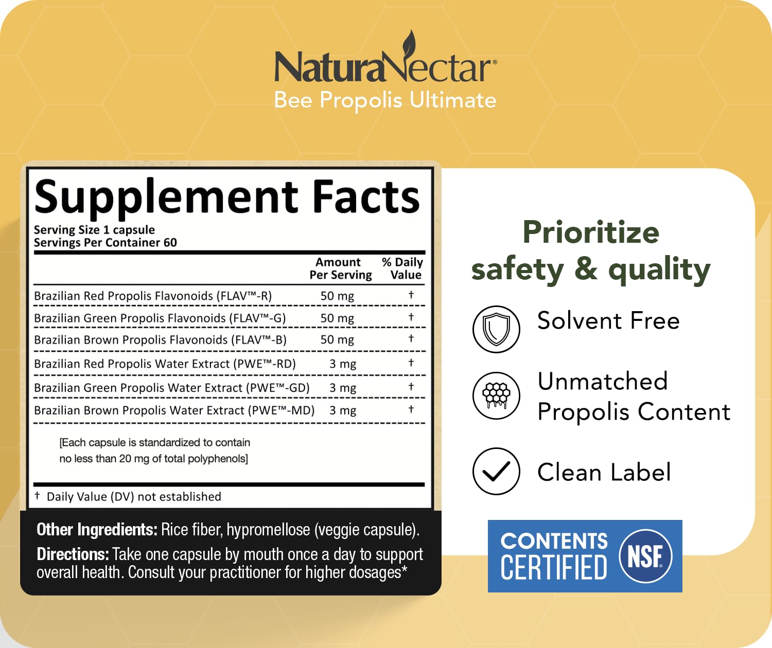 NaturaNectar - Ultimate Bee Propolis Capsules - NSF Contents Certified -Brazilian Red, Brown, & Green - Gluten-Free Supplement with Flavonoids - Naturally Sourced Through Ethical Beekeeping (60pcs.) NaturaNectarBuy Supplements Australia
