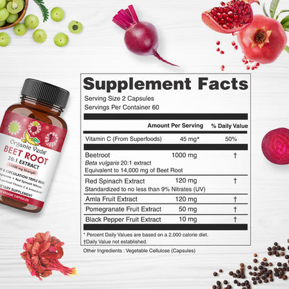 Organic Veda Beet Root Capsules - Triple Reds Nitric Oxide Beets Supplements - Concentrated Nitrates and Vitamin C Blend of Beet Root Extract, Red Spinach, Pomegranate, Black Pepper - 120 Capsules