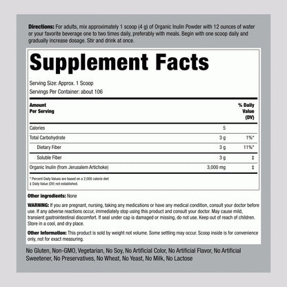Piping Rock Organic Inulin Powder | 15 oz | Soluble Fiber Supplement | FOS Powder | Vegetarian, Non-GMO, Gluten Free Piping RockBuy Supplements Australia