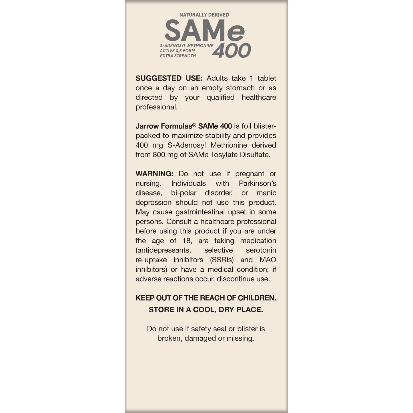 Jarrow Formulas SAMe Supplement 400 mg - 60 Tablets - High Concentration of Active S,S Form - Supports Joint Health, Liver Function, Brain Metabolism, Balanced Mood & Antioxidant Defense - 60 Servings Jarrow FormulasBuy Supplements Australia