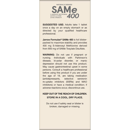 Jarrow Formulas SAMe Supplement 400 mg - 60 Tablets - High Concentration of Active S,S Form - Supports Joint Health, Liver Function, Brain Metabolism, Balanced Mood & Antioxidant Defense - 60 Servings Jarrow FormulasBuy Supplements Australia
