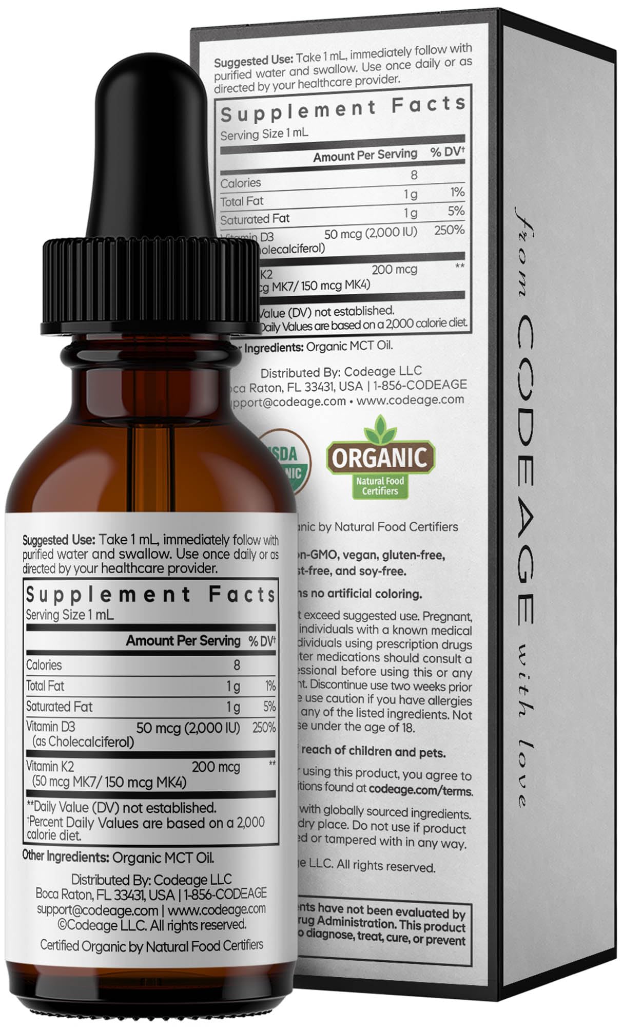 Codeage Liquid D3+K2 Vitamins USDA Organic - Vitamin D3 2000 IU, Vitamin K2 (MK4 & MK7) Liquid Drops - Immune Support - Unflavored - Organic MCT Oil - Non-GMO - 1 fl oz CodeageBuy Supplements Australia