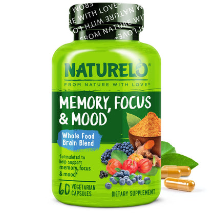 NATURELO Whole Food Brain Supplement - Brain Health Supplements for Memory & Focus Support - Enhance Brain Health Blend Supplement for Adults