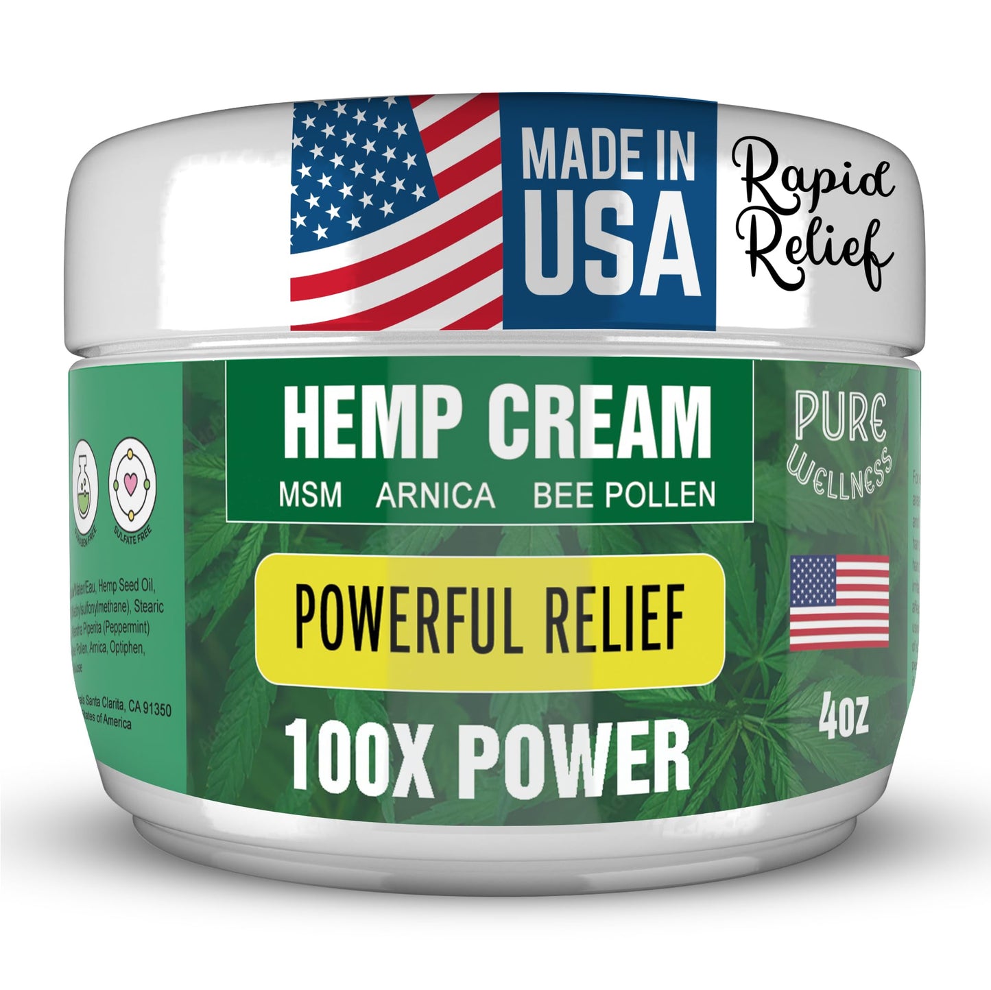Pure Wellness Hemp Cream Maximum Strength 100,000mg with MSM, Arnica & Bee Pollen - 4 Oz, Supports Relief & Soothing from Joint, Muscle, Shoulder, Back, Knee and Nerve Discomfort - 1 Pack Pure WellnessBuy Supplements Australia