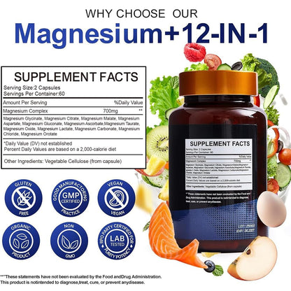 Magnesium Complex 700mg – 12-in-1 Magnesium Supplement with Glycinate, Citrate, Malate, Oxide, Taurate & More – High Absorption for Muscle, Heart, Sleep, Bone, Nerve Support –120 Capsules VccvaaBuy Supplements Australia