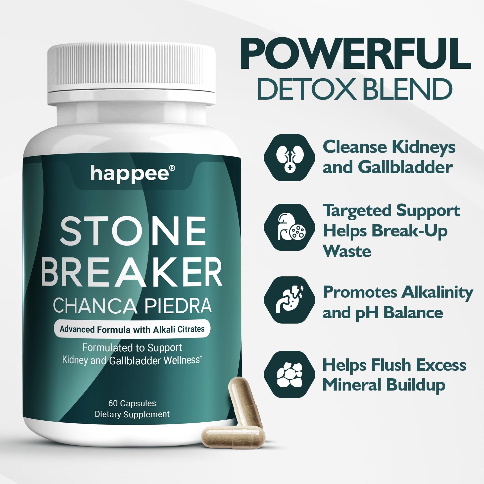 Happee Chanca Piedra Stone Breaker Kidney & Gallbladder Cleanse – Kidney Stone Dissolver & Passage Support - High Potency Phyllanthus Niruri with Magnesium, Potassium & Herbal Blend - 60 Capsules HappeeBuy Supplements Australia