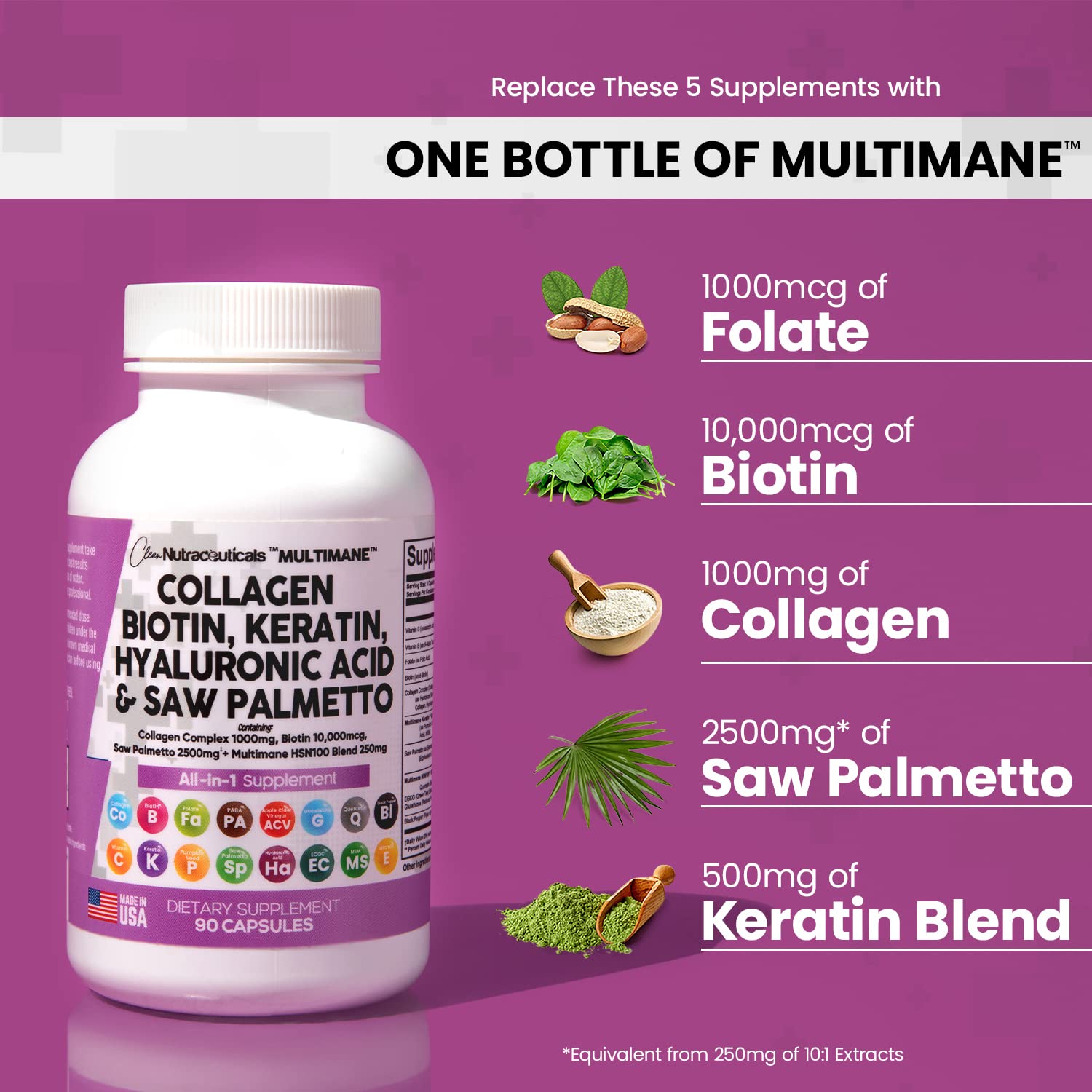 Collagen Pills 1000mg Biotin 10000mcg Keratin Saw Palmetto 2500mg 90 Ct