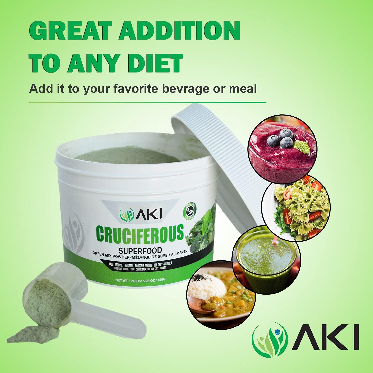 AKI Cruciferous Superfood Green Mix Powder - Made from Kale, Broccoli, Brussels Sprouts, Cabbage - Packed with Essential Phytonutrients & Vitamins ((5.3oz/150g)) AKI ORGANICBuy Supplements Australia
