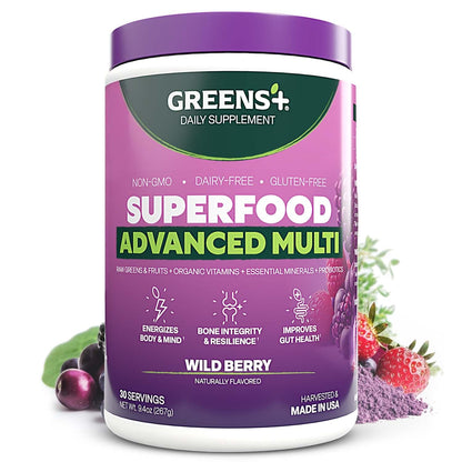 Greens+ Advanced Multi Wild Berry Superfood Powder, Organic Blend, Vegan, Non-GMO, Soy-Free, Dairy-Free, Gluten-Free, Dietary Supplement with Vitamins & Minerals, 9.4 oz Greens+Buy Supplements Australia