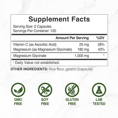 Magnesium Glycinate 500mg Per Capsule (1000mg Per Serving) Plus Vitamin C, 240 Capsules – 100% Chelated for Easy Absorption