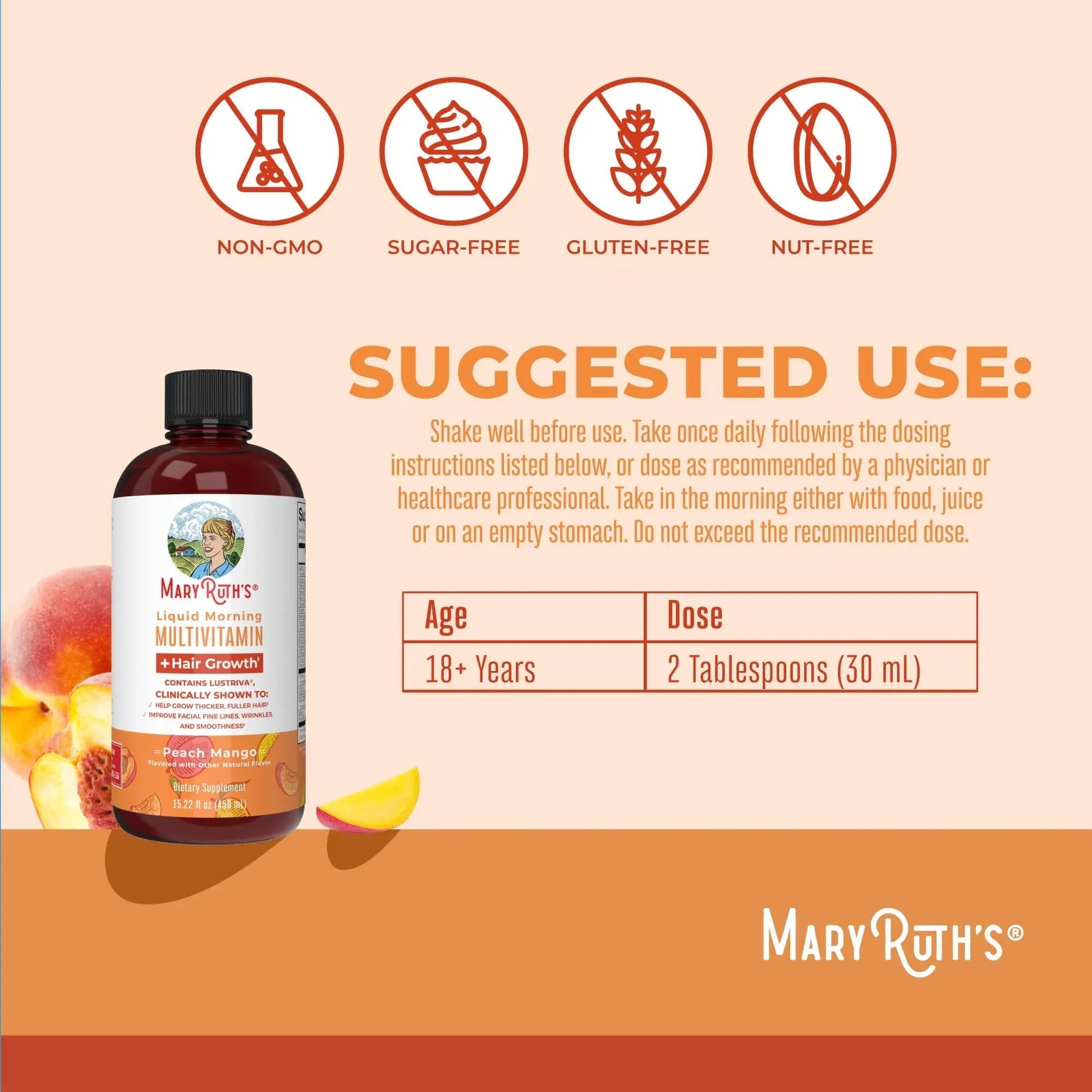 MaryRuth's Morning Multivitamin +Hair Growth (Peach Mango, 15oz), Nighttime Multimineral (Coconut, 15oz) & Probiotic Drops (2oz) | MARYRUTH'S