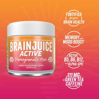 BrainJuice Nootropics Brain Support Supplement, Gluten Free Powder for Energy and Focus, Pre Workout w/Alpha GPC, Vitamin B & Organic Green Tea Extract Caffeine, Active Pomegranate Acai, 15 Servings BrainJuiceBuy Supplements Australia