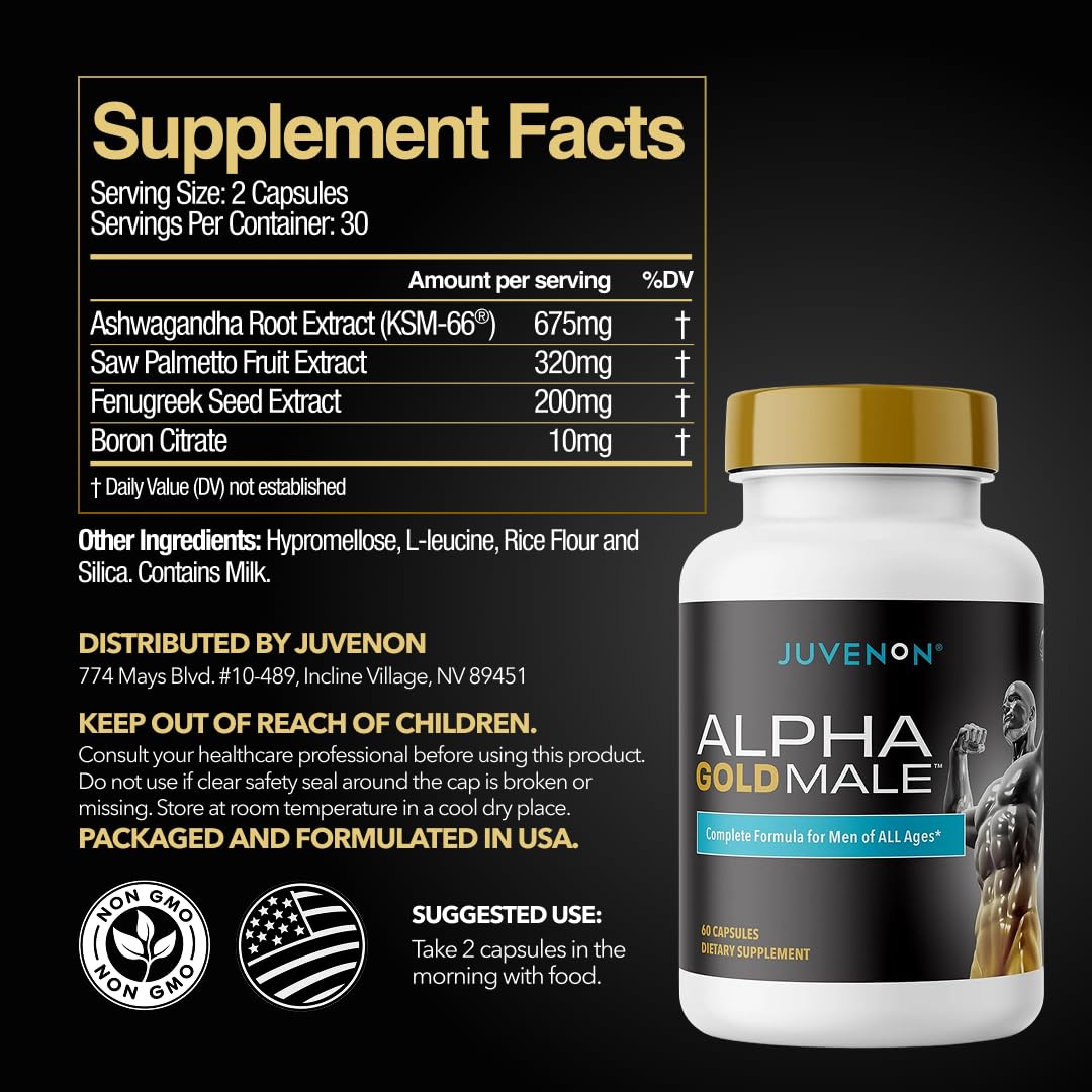 Juvenon Alpha Gold Male Testosterone Booster for Men - T-Support & Male Vitality with KSM-66 Ashwagandha + Fenugreek + Boron Citrate + Saw Palmetto, Non-GMO Vegetarian Capsules JuvenonBuy Supplements Australia