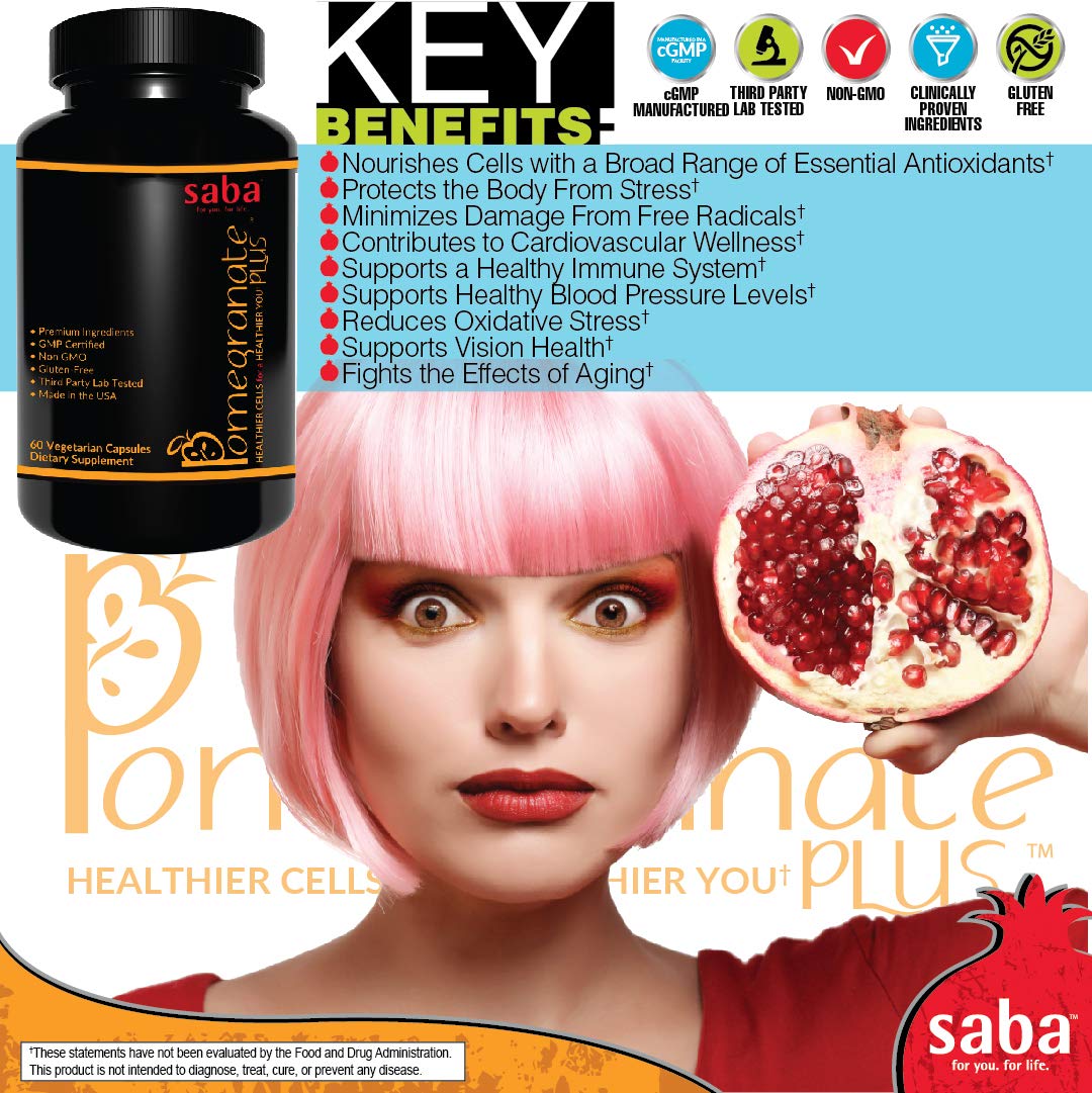 Saba Pomegranate Plus – Antioxidant Supplement with Astaxanthin & Adaptogens | Immune, Skin, Heart & Brain Support | Daily Stress & Cellular Wellness | 60 Capsules SabaBuy Supplements Australia