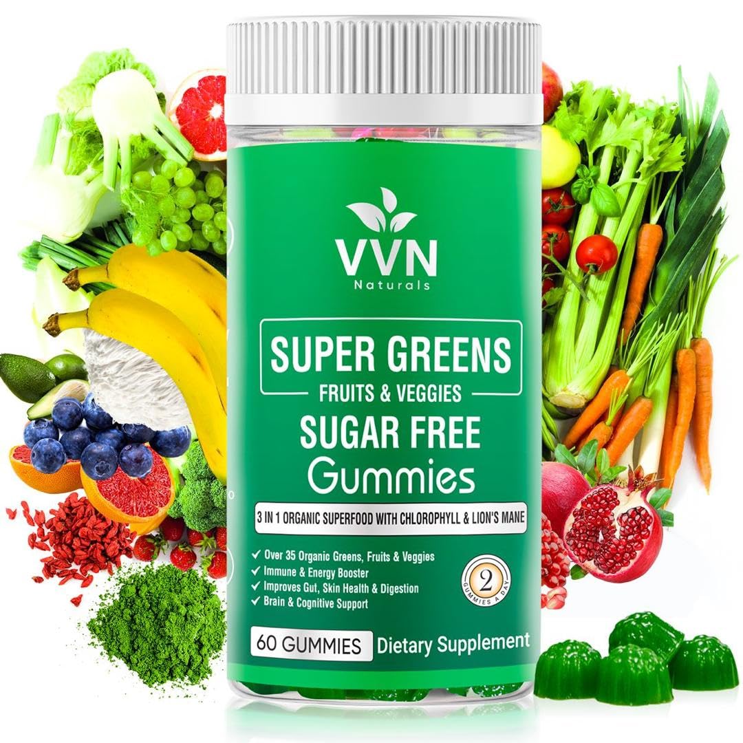 Sugar-Free Real Organic Fruits, Super Greens and Veggies Gummies | 35+ Nutritious & Healthy Greens, Fruits, and Vegetables for Improved Immunity, Skin Health & Energy Boost|60 Vegan Gummies VVN NaturalsBuy Supplements Australia