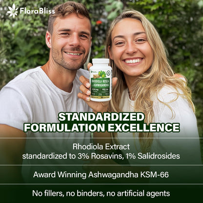 FloraBliss Rhodiola Rosea with Ashwagandha KSM-66, L-Theanine, Holy Basil & Black Pepper - 90 High Potency Vegan Capsules - 45-Day Supply FloraBlissBuy Supplements Australia
