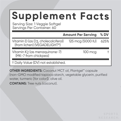 Sports Research Vegan Vitamin D3 + K2 Supplement with Organic Coconut Oil - 5000iu Sports ResearchBuy Supplements Australia