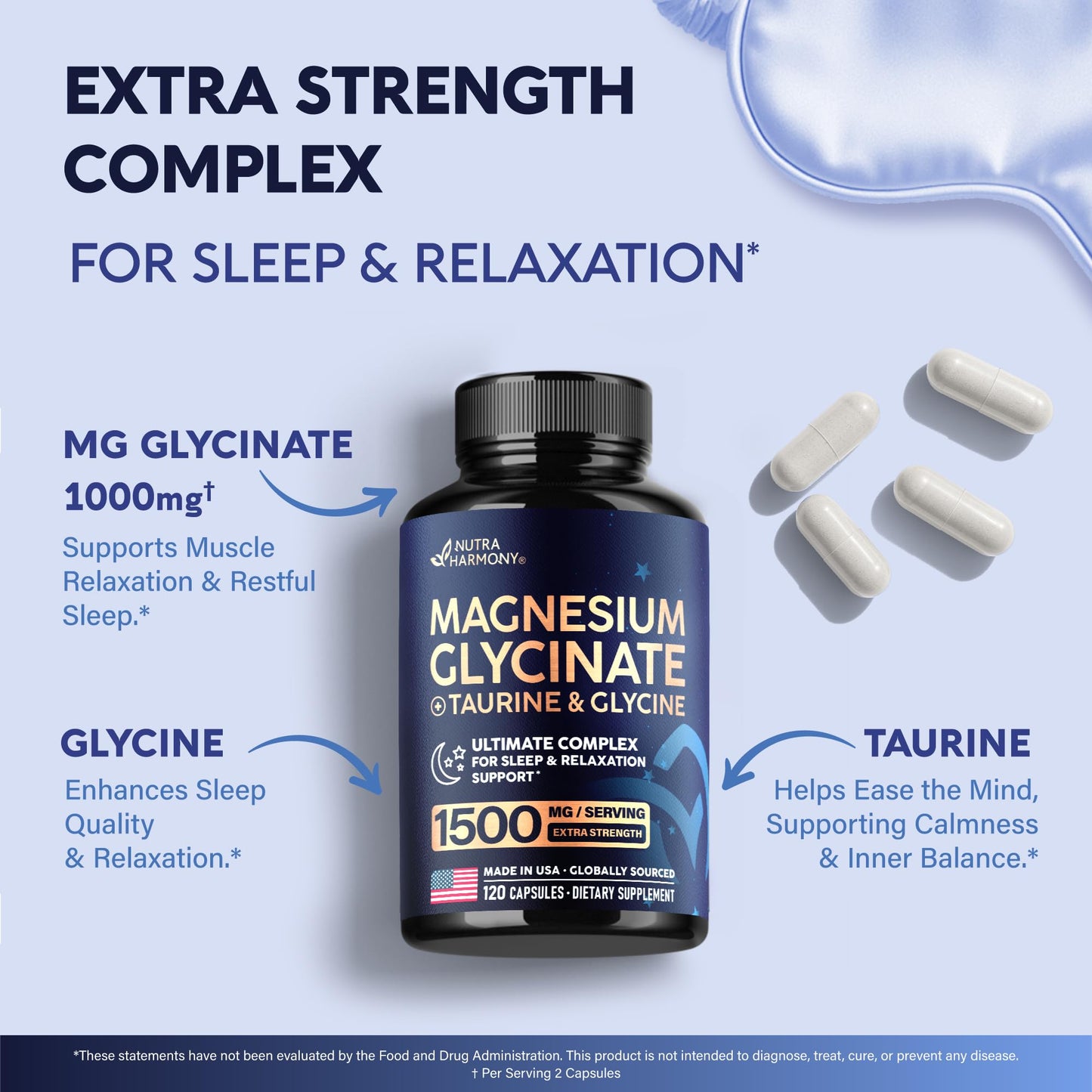 Magnesium Glycinate - Sleep & Relaxation Support - Extra Strength Glycinate, Glycine & Taurine 1500 mg - Magnesium Supplement for Women & Men - Chelated & High Absorption - Made in USA - 120 Capsules NUTRAHARMONYBuy Supplements Australia