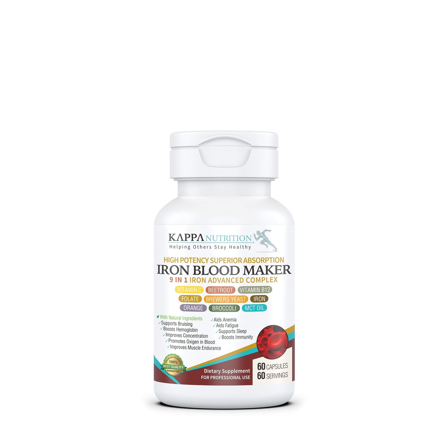 KAPPA NUTRITION Iron 26mg, Vitamin C & Orange 150mg, Folate 667mcg DFE, Vitamin B12, Beetroot, Brewers Yeast, Broccoli & MCT Oil
