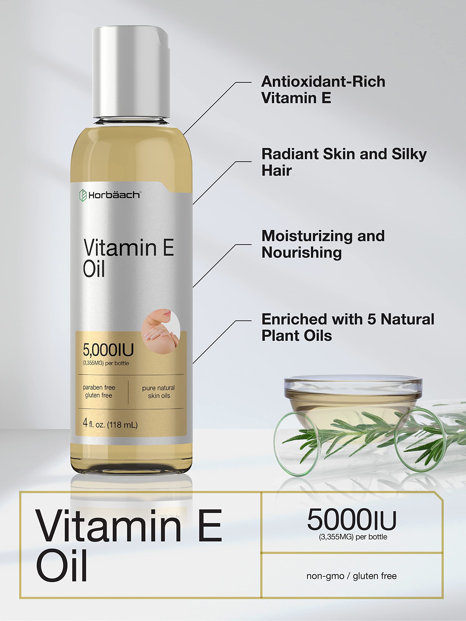 Vitamin E Oil | 5000 IU | 8 oz (2 x 4oz) Value Pack | for Skin, Hair, Face & Body | Vegetarian HorbäachBuy Supplements Australia