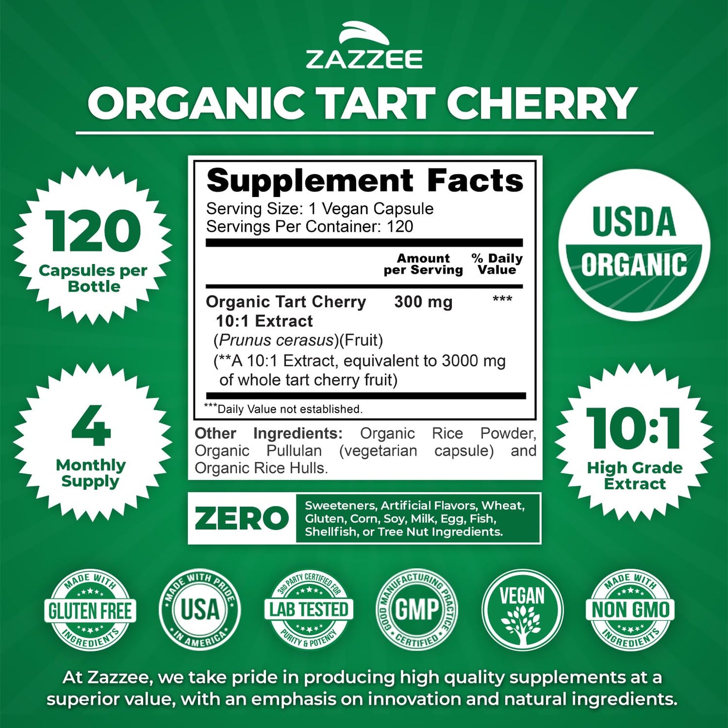 Zazzee USDA Organic Tart Cherry 10:1 Extract, 120 Vegan Capsules, 4 Month Supply, Montmorency Cherry, Daily Wellness Antioxidant Support, Organic Herbal Supplement, All-Natural, Non-GMO, Made in USA ZazzeeBuy Supplements Australia
