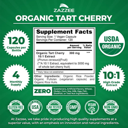 Zazzee USDA Organic Tart Cherry 10:1 Extract, 120 Vegan Capsules, 4 Month Supply, Montmorency Cherry, Daily Wellness Antioxidant Support, Organic Herbal Supplement, All-Natural, Non-GMO, Made in USA ZazzeeBuy Supplements Australia