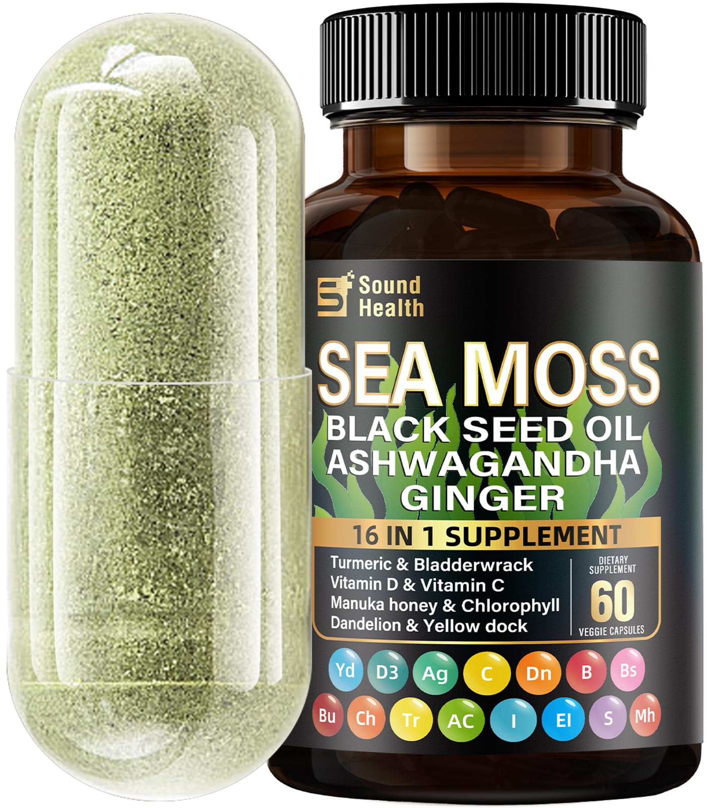 Sea Moss Capsules with Ashwagandha, Turmeric, Bladderwrack, Vitamins C & D for Natural Energy, Sleep Support & Hair Growth, 1200mg Herbal Blend, for Man & Women, Third-Party Tested，16-in-1 Supplement SoundHealthBuy Supplements Australia