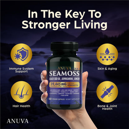 Anuva 16-in-1 Sea Moss Capsules | Black Seed Oil, Ashwagandha, with Vitamin C, D3, Turmeric, Burdock, Bladderwrack & Multi-Minerals | Immune, Skin, Joint & Energy Support | 60 Veggie Capsules AnuvaBuy Supplements Australia