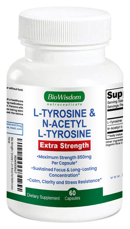 Max Strength L Tyrosine Supplement & N Acetyl L Tyrosine Peak Focus, Alertness, Concentration, Body & Mind Energy. L-Tyrosine 850mg Per 1 Capsule. A Well-Being Nutrient Boost For Performance BioWisdom NutraceuticalsBuy Supplements Australia