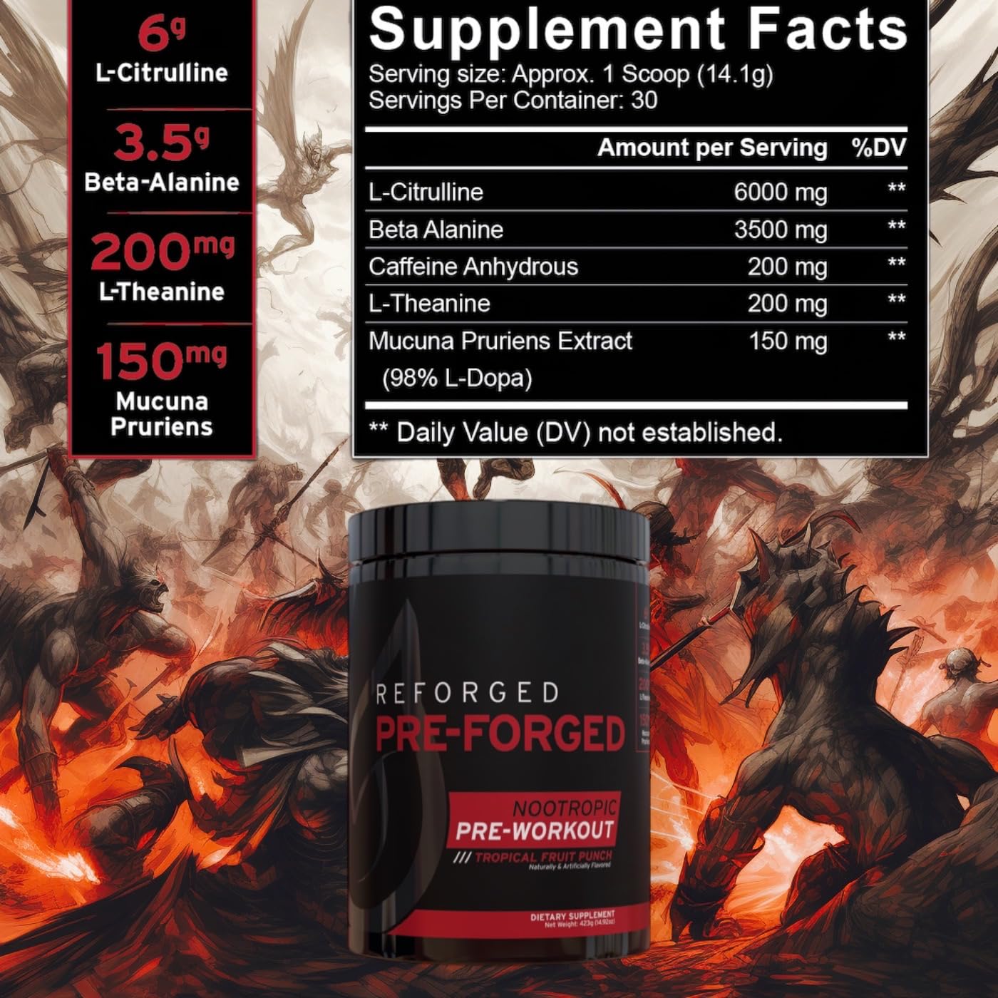 Reforged Pre-Forged L Theanine Pre Workout Powder Drink | Nootropic Nitric Oxide Energy Pump Supplement | Beta-Alanine, L-Citrulline, & Caffeine | 30 Servings (Tropical Fruit Punch)